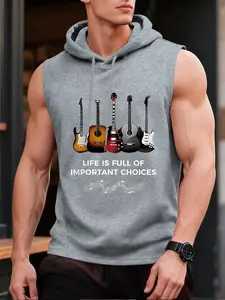 Men's Music Theme Hooded Design Sleeveless Shirt, Guitar Pattern Training Vest, Inspirational Slogan, Casual Fitted Graphic Top, Motivation