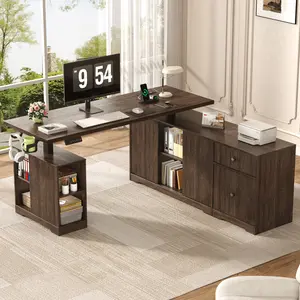 63" L-Shaped Electric Standing Desk, Executive Standing Desk with File Cabinet, Height Adjustable Sit Stand Desk with Storage Shelves & Drawers, Corner Computer Desk with Power Outlet, Brown/Light Oak