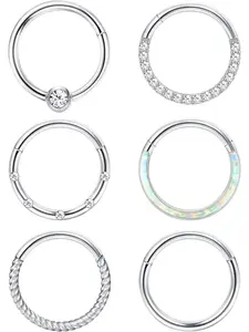 6 Pcs 16G 18G Nose Ring Septum Ring for Women Men Silver Surgical Steel Nose Piercing Helix Daith Conch Tragus Cartilage Earrings Piercing Lip Rings Hinged Clicker Hoop Nose Rings Nose Jewelry