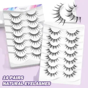 MAGEFY 14 Pairs Natural Manga False Eyelashes - D Curl Spiky Wispy Faux Mink Lashes, Ultra-Thin Invisible Clear Band, Lightweight & Reusable, Natural Voluminous Look for Daily Nude Makeup, Anime Eye Makeup, Dating, Office & Cosplay