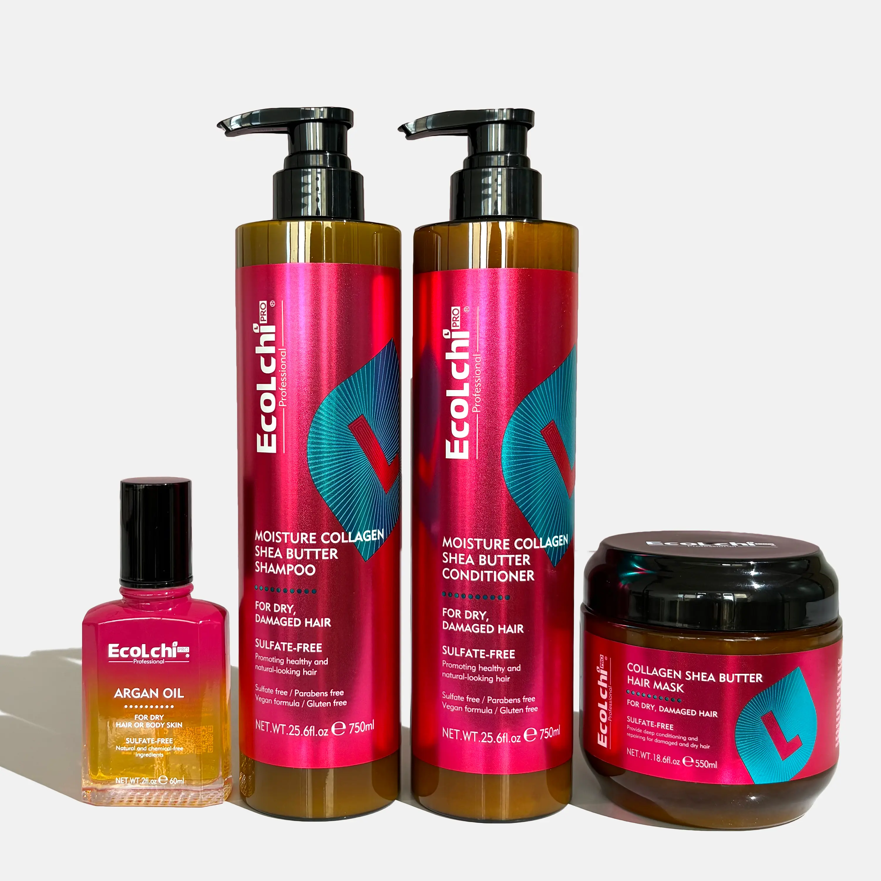 ECOLCHIPRO Collagen Haircare Assortment Pack Shampoo & Conditioner Kits - Shea Butter, Argan Oil, Moisturizer, Deep Repair for Dry & Damaged Hair (550ml + 60ml + 2X750ml)
