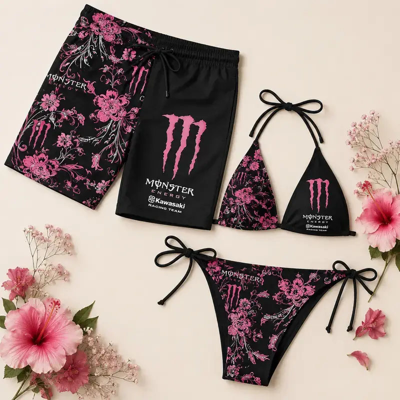 Matching Monste Floral Couple Swimwear Sets - Women's Swim Bra & Tie-Side Thong Bikini, Men's Beach Shorts, Summer Vacation Hawaiian Sports Swimwear