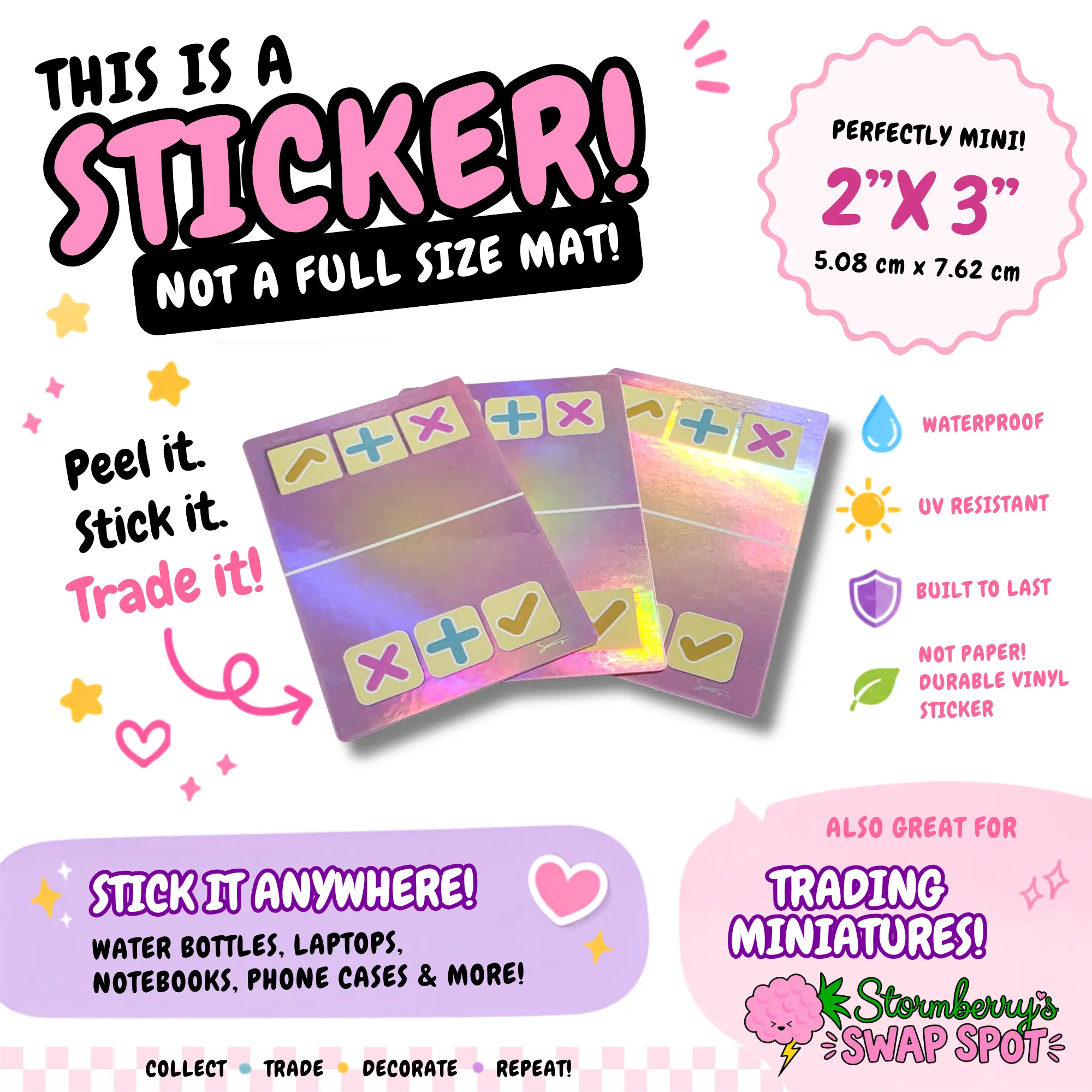 SWAP SPOT STICKERS - 3 Pack Holographic 2" x 3" Sticker that look like our Squishy Trading Mat