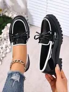 Women's Soft PU Casual Loafers, Round Toe Slip-On Rubber Shoes with Small Bowknot Decor, Comfortable Daily Wear Footwear