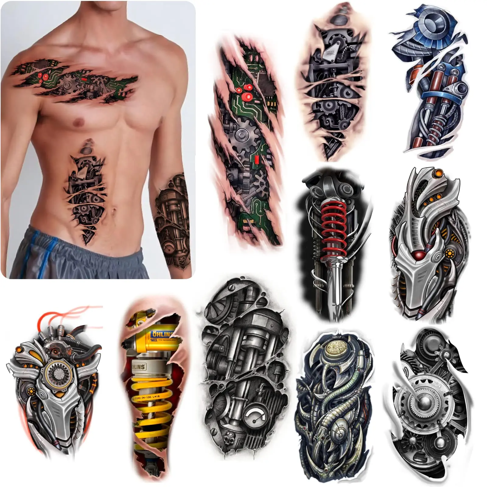 Very cool machine 3D realistic fake tattoos，wound robot makeup Temporary Tattoos for men women