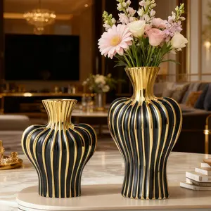 Ceramic Vase with Gold Stripes & Design, High-End Luxury European-Aesthetic, Ideal for Floral Arrangements & Home Décor, Modern Ceramic Vase