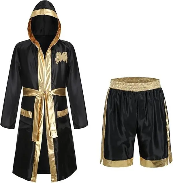 Men's Boxing Suit - Adult Menswear Clothes Set with Boxer Robe, Shorts and Pockets Costume Halloween Shiny Soft, Print Vneck