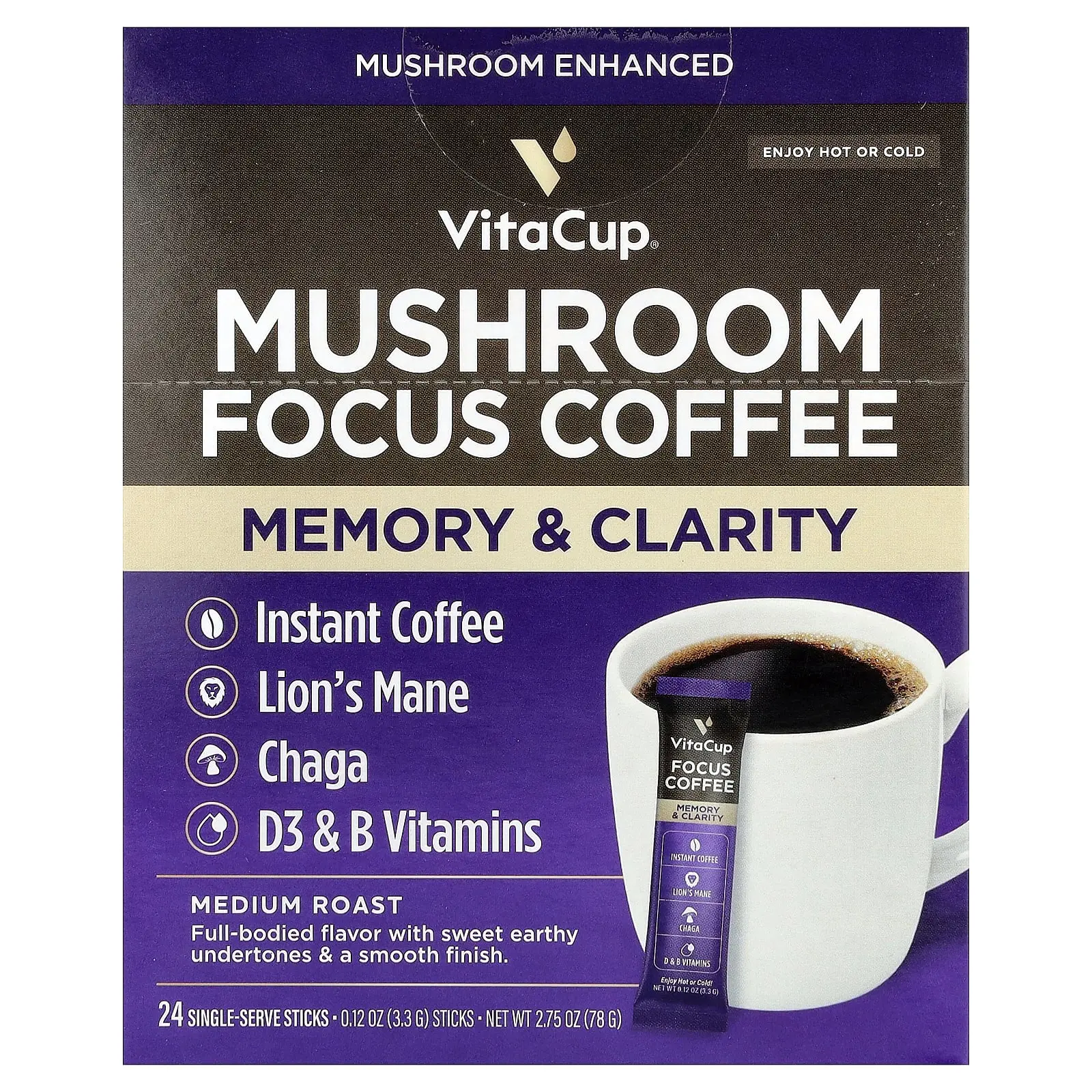 VitaCup Mushroom Focus Coffee, Medium Roast, 24 Single-Serve Sticks, 0.12 oz (3.3 g) Each