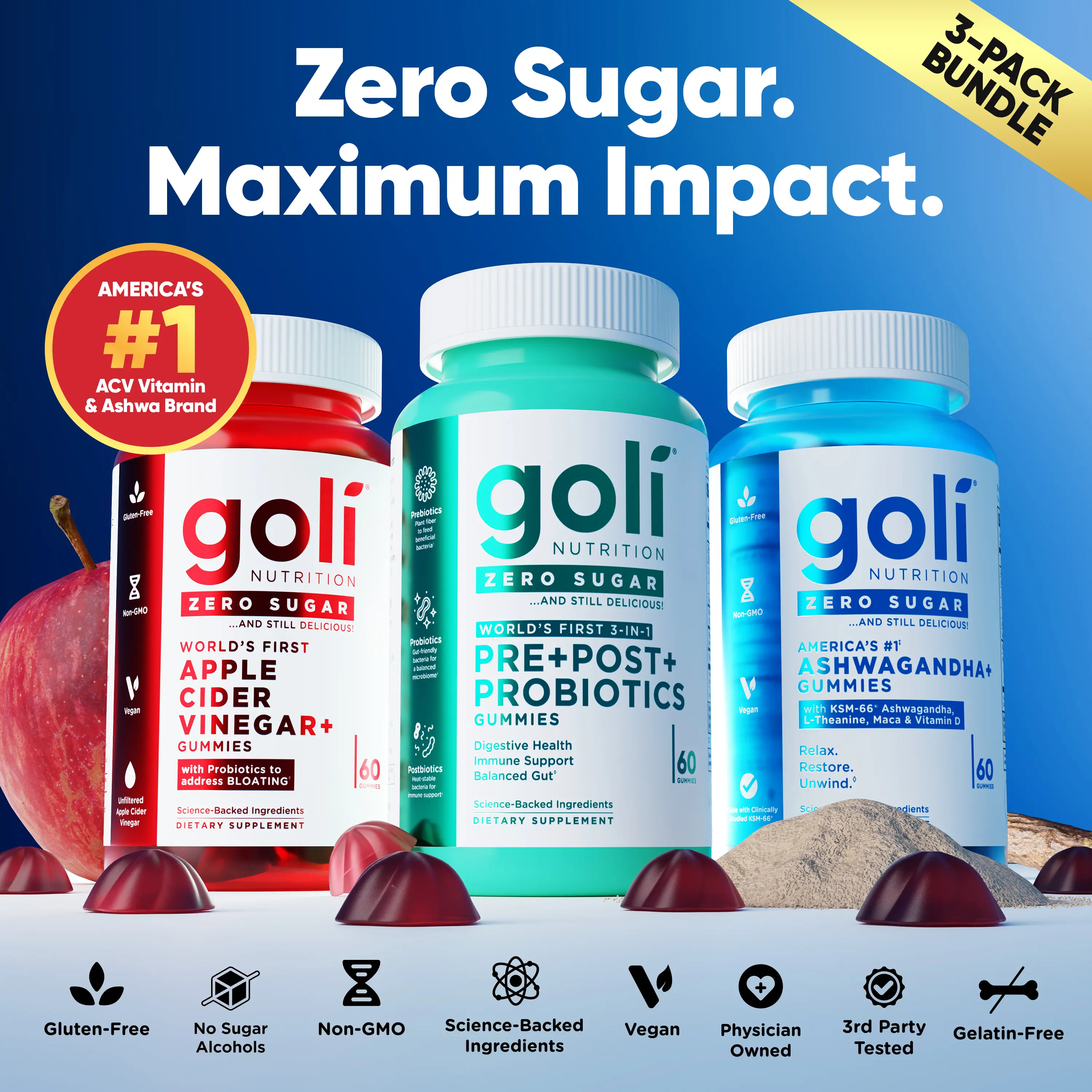 Goli Zero Sugar Best Seller Trio – Daily Gut & Wellness Support with Pre, Post & Probiotics, Apple Cider Vinegar, Ashwagandha & L-Theanine Gummies