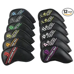 Craftsman Golf 12pcs Black Leather Iron Head Covers Set with Colorful Number Embroidery