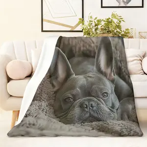 1PC French Bulldog Print Blanket Winter Thickened Warm Flannel Throw Office Nap Blanket Sofa Cover Bedroom Home Decor Soft Comfortable Skin-Friendly Breathable All-Season Pet Pattern Decorative Blanket