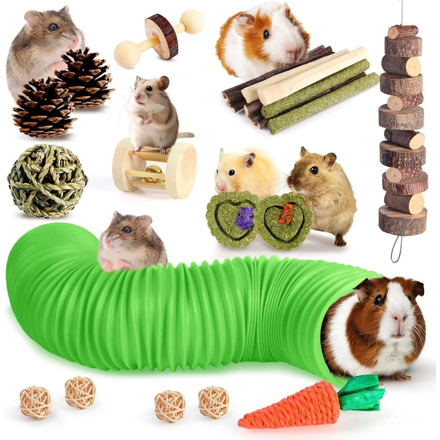 Hamster Toys Guinea Pig Toys Set with Tunnel, Chewable Apple Wood & Natural Timothy Hay - Enrichment Chew Toys for Small Animals - 24+ Cage Accessories for Teeth Care & Boredom Relief (Green)