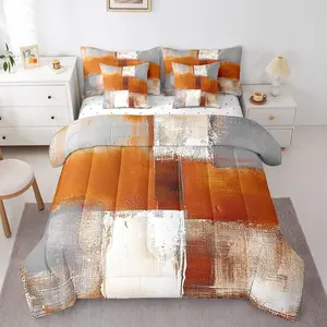 Feelyou 7-Piece Orange White Gray Oil Painting Comforter Bed Set - Ombre Gradient Bedding with Flat Sheet & Fitted Sheet, Abstract Graffiti Design, Queen Size Soft Decorative Bedroom Bedsheet Sets, Bedroom Bedding Set
