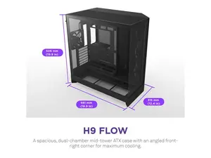 NZXT H9 Flow (2025)  Large Dual-Chamber ATX Mid-Tower Airflow PC Case  Includes 3 x 140mm & 1 x 120mm Fans  420mm Radiator Support  Tempered Glass  Back-Connect Ready  Black