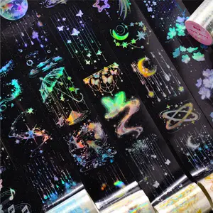 6 simple holographic tapes with floral, raindrop other themed patterns, dreamy minimalist style, made waterproof PET material, self adhesive, DIY notebook decoration scrapbook material tape