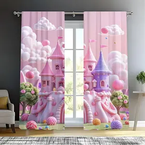 2 Piece Set Humorous Candy Castle Curtains, Vibrant and Cartoon Design, Fluffy Clouds and Lollipop Trees, Perfect for Bedroom Decor, Home Decoration Curtain