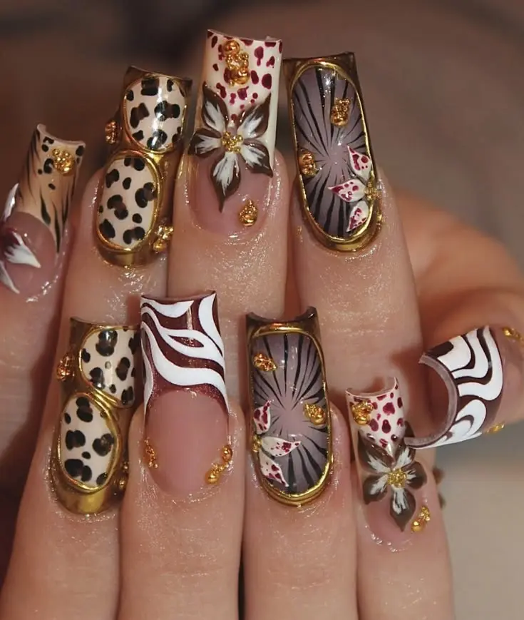 Brown Leopard Floral Press On Nails, Gold Chrome French Tip Nude Square Nails, Luxury 3D Flower Handmade Reusable Nail Set