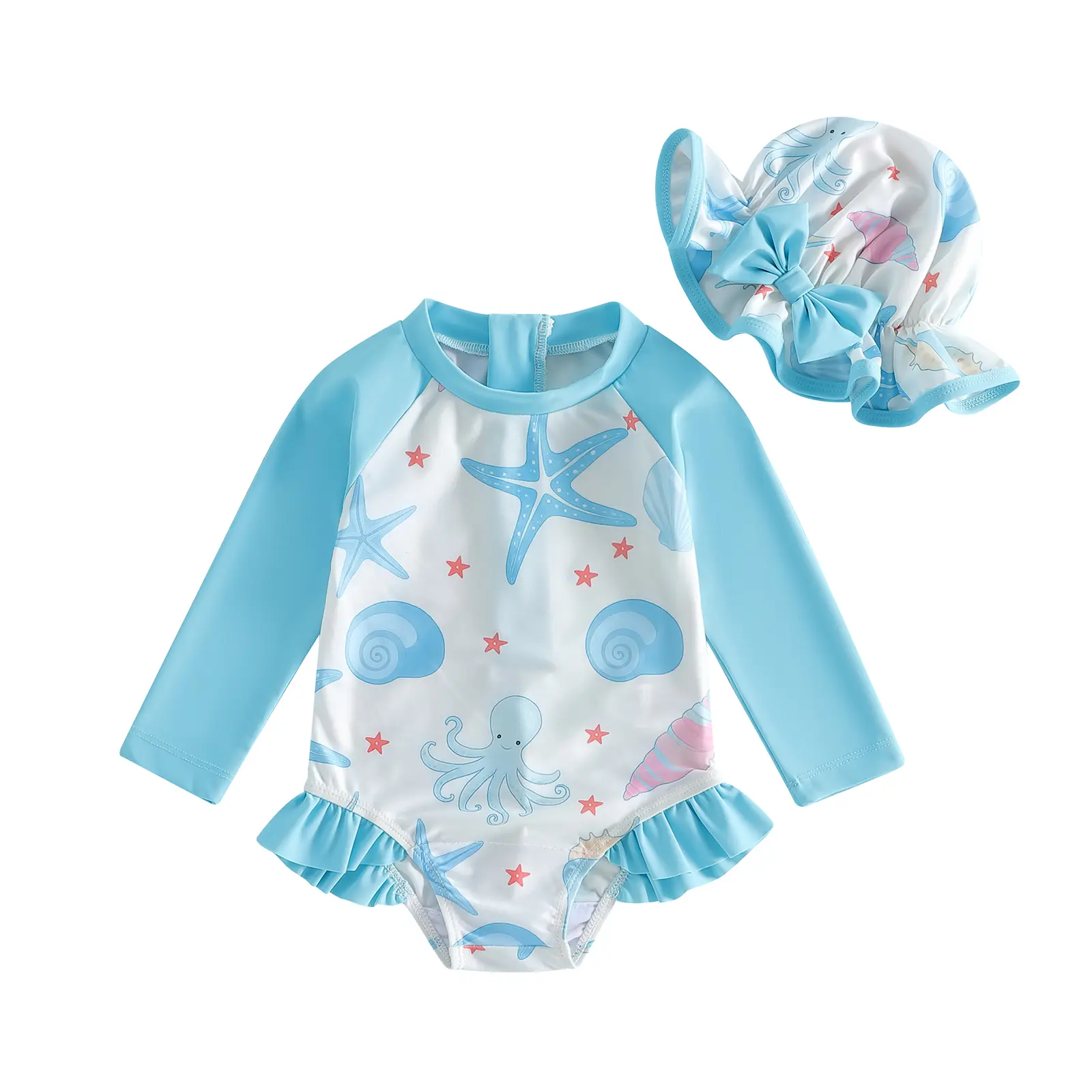 Canrulo Newborn Baby Girl Swimsuit Bathing Suit Ruffle Starfish Octopus Print Long Sleeve Baby Swim Suit Infant Rash Guard Swimwear