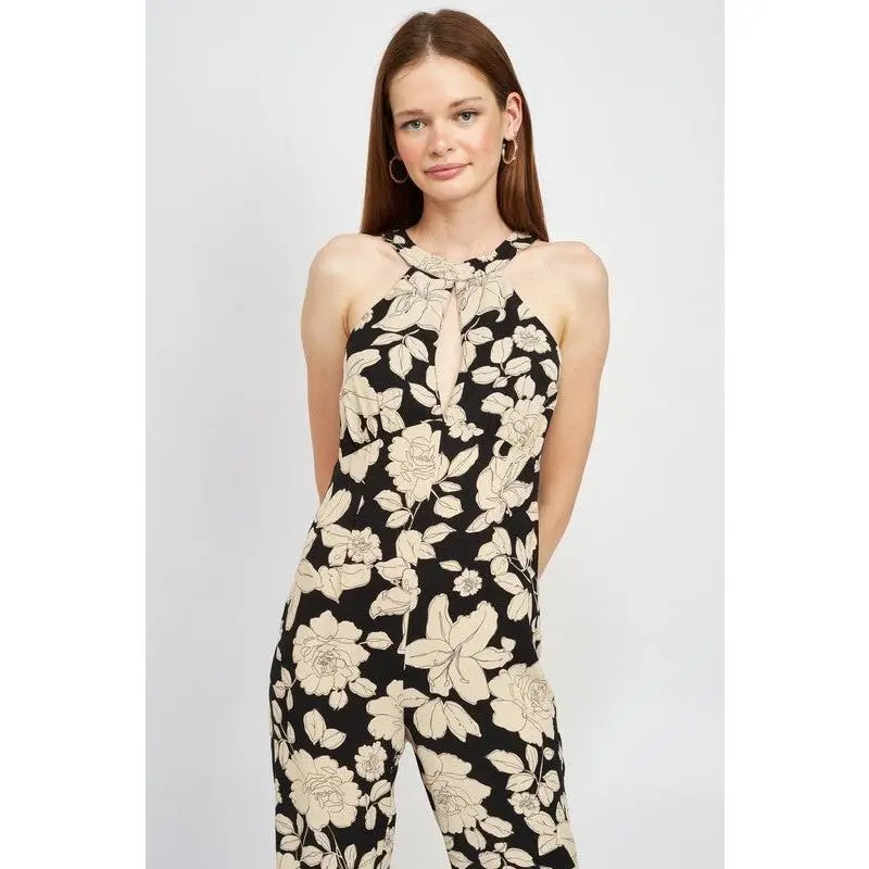 FLORAL HALTERNECK JUMPSUIT WITH OPEN BACK