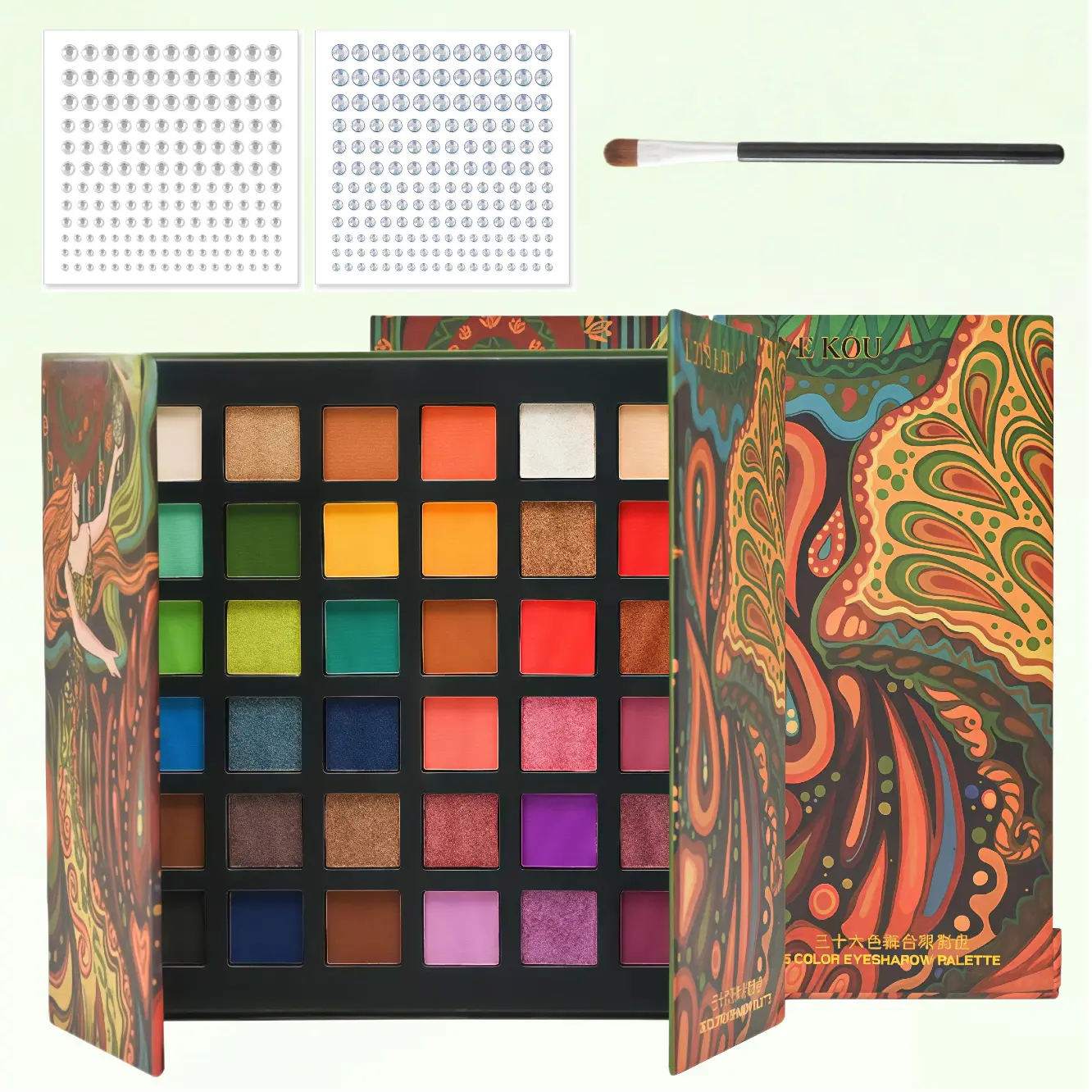 Vintage Oil Painting 36-Color Eyeshadow Palette, Compact Alcohol-Free Matte/Shimmer/Glitter Long-Lasting Waterproof Eyeshadow with Easy Blend Vibrant Pigment, Bonus Brush + Face Rhinestones for Cosplay Stage Use
