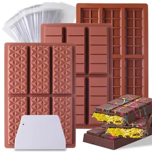 3 Pack Deep Chocolate Bar Mold, Silicone Mold for Stuffed Chocolate, Break Apart Knafeh Pistachio Candy Molds With Bags and Scraper Kitchen Accessories