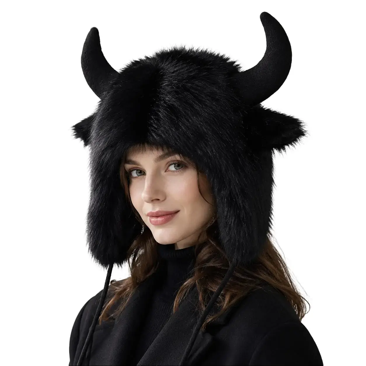 Unisex Novelty Faux Fur Fluffy Hat with Horns, Funny Warm Winter Beanie Plush Trapper Hat for Skiing Cosplay