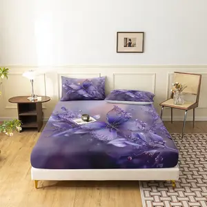 3Pcs Luxury Purple Butterfly Print Microfiber Bed Fitted Sheets Sets, Including 1 Count Fitted Sheet & 2 Counts Pillowcase without Filler, Soft Comfortable Bedding Set For Home Bedroom, Decorative Bedsheet Sets, Breathable Durable Sheets