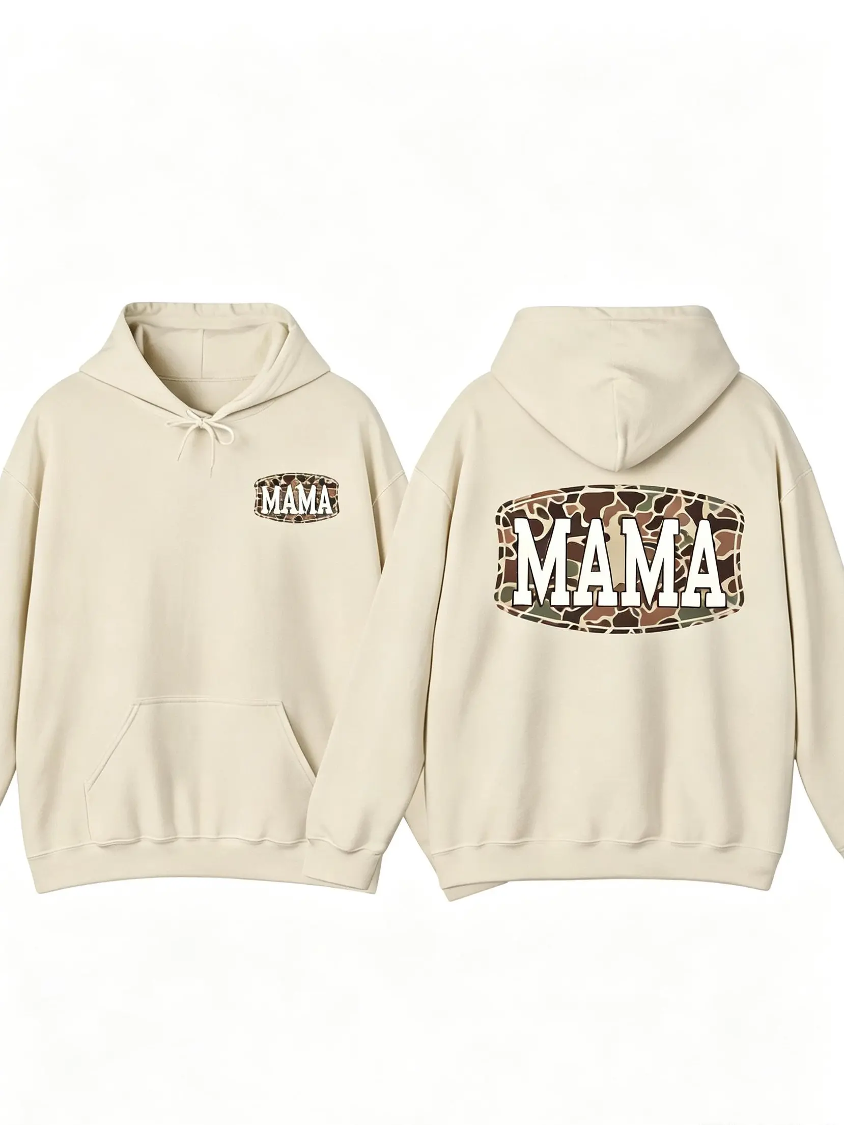 Women's Camo Mama Graphic Soft Cotton Hoodie, Preppy Streetwear Long-Sleeve Sweatshirt with 2-Sided Graphics, Hooded Neck, Breathable Casual Top, Sweatshirts