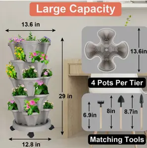 5 Tier Vertical Planter Stackable Planters Garden Tower Pot with Wheels & Tools