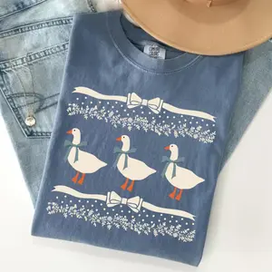 Comfort Colors 1980s Blue Ribbon Goose With Hearts Ugly TShirt, Vintage Original Bows and Adorable Doodle Hearts Animal Lover , Duck