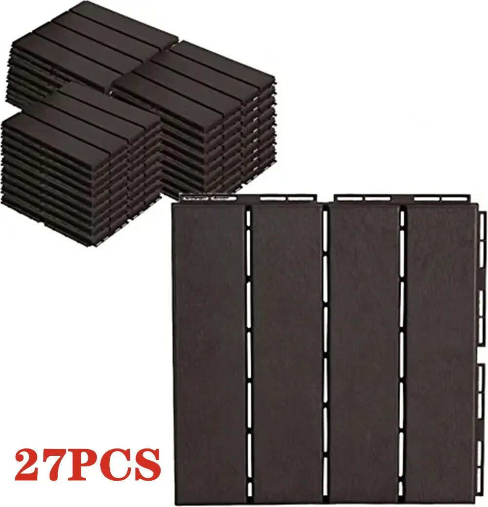 Plastic Interlocking Deck Tiles, 27 Pcs per Pack Outdoor Flooring Waterproof Pavers for Patio Garden Porch Yard, All Weather Use, Dark Brown
