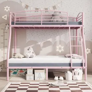 Pink Metal Twin Over Full Bunk Bed, Heavy Duty Space-Saving Frame with Ladder and Safety Guardrail, Smooth Rounded Edges, Great for Kids Rooms, Dorms & Small Bedrooms