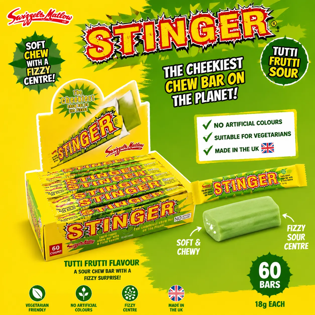 Swizzels UK Import Stinger Chew Bar Tutti Frutti Sour 18g 60 Count British Chewy Candy
