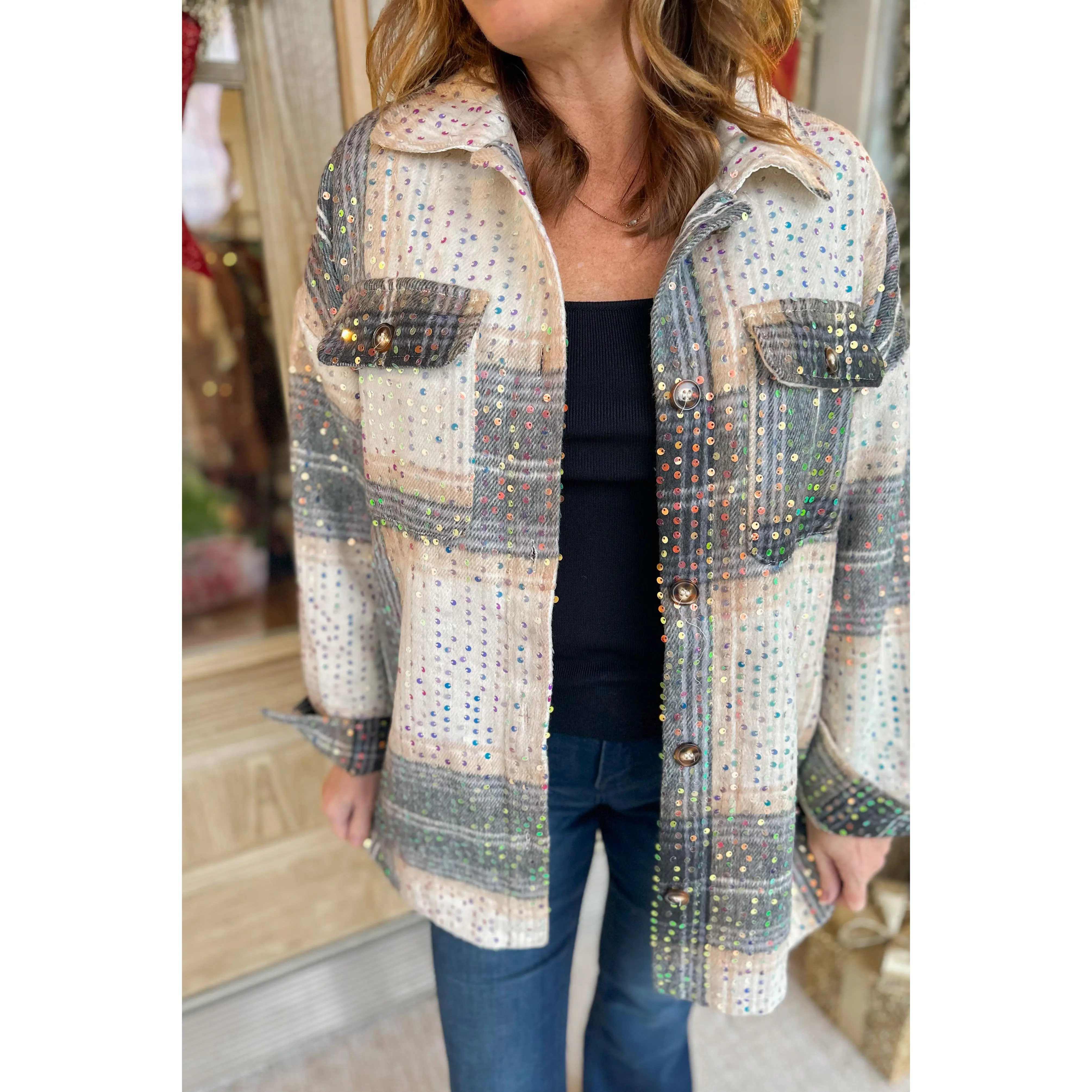 Mika Mocha Sequin Plaid Showstopper Shacket Jacket