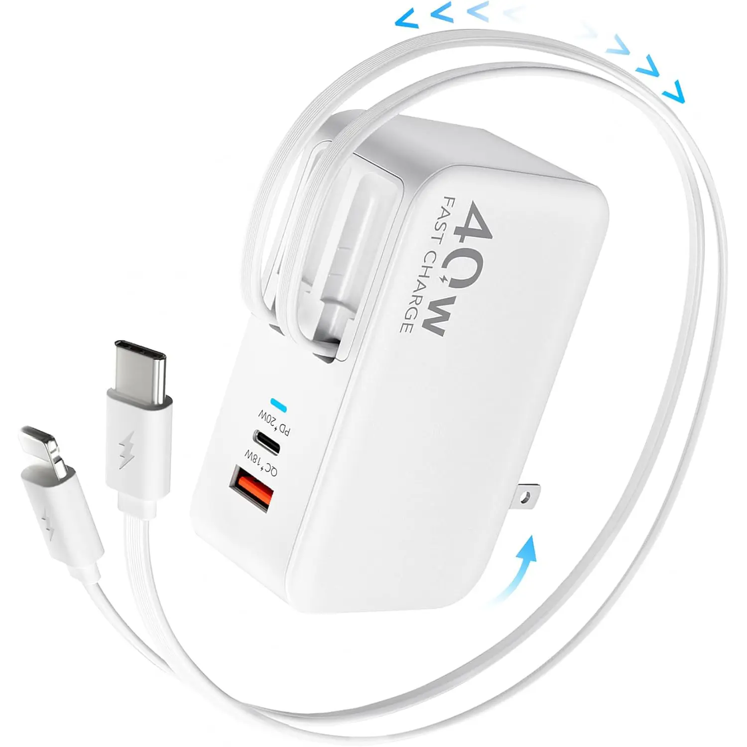 4-in-1 Retractable Mobile Wall Charger Plug - 40W Fast Charging Folding Durable Shell, Dual USB Ports, 90cm Lightning & Type-C Cables, Electronic Protection for iPhone 16/15, Galaxy, Type C Chargers Compatible Devices, Smartphone, Cellphone