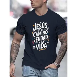 🏆 Men'S Casual Summer T-Shirt - Trendy Graphic Print, Round Neck, Machine Washable - White with Inspirational Spanish Quote "JESUS CAMINO Y VIDA", Every funny tshirt short sleeve shirt oversized tshirt