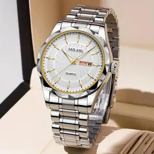 SAILANG Luxury Men's business casual Quartz Watch with Sword Hour Markers Day Date Display Luminous Hands Adjustable Stainless Steel Strap Waterproof Wristwatch for Men