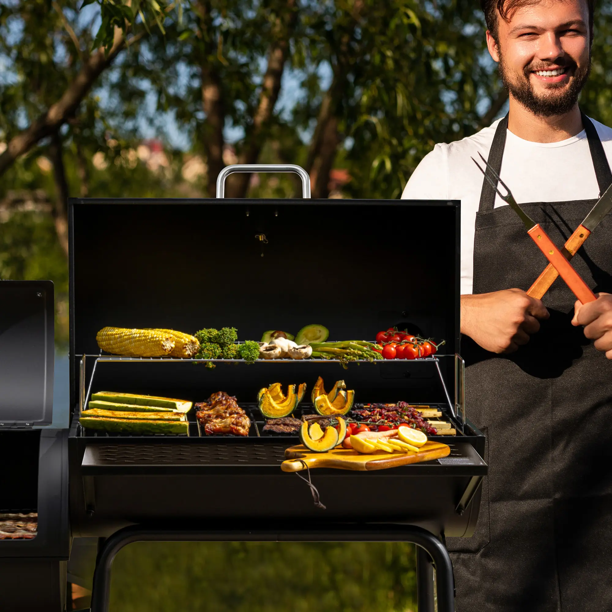 Royal Gourmet CC1830F Barrel Charcoal Grill with Offset Smoker, 824 Sq. In. Outdoor BBQ Grill with Adjustable Charcoal Pan, Front Shelf & Storage Rack, Large Smoker Grill for Backyard Cooking, Camping & Parties Classic