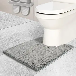 U Shaped Toilet Bath Rugs, Luxury Chenille Contour Bathroom Mat, Soft Comfortable Commode bathroom floor mat, Super Water Absorption, Non-Slip, Extra Thick, Machine Wash (Light grey, 20x20 U)