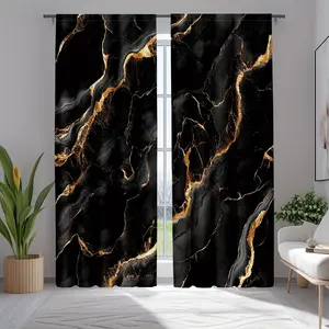 Two piece set of black and gold marble patterned curtains, smooth gold design, creating fashionable home decor, semi blackout polyester fabric curtains, Room Decor Curtain, Window Curtain, Home Decoration Curtain