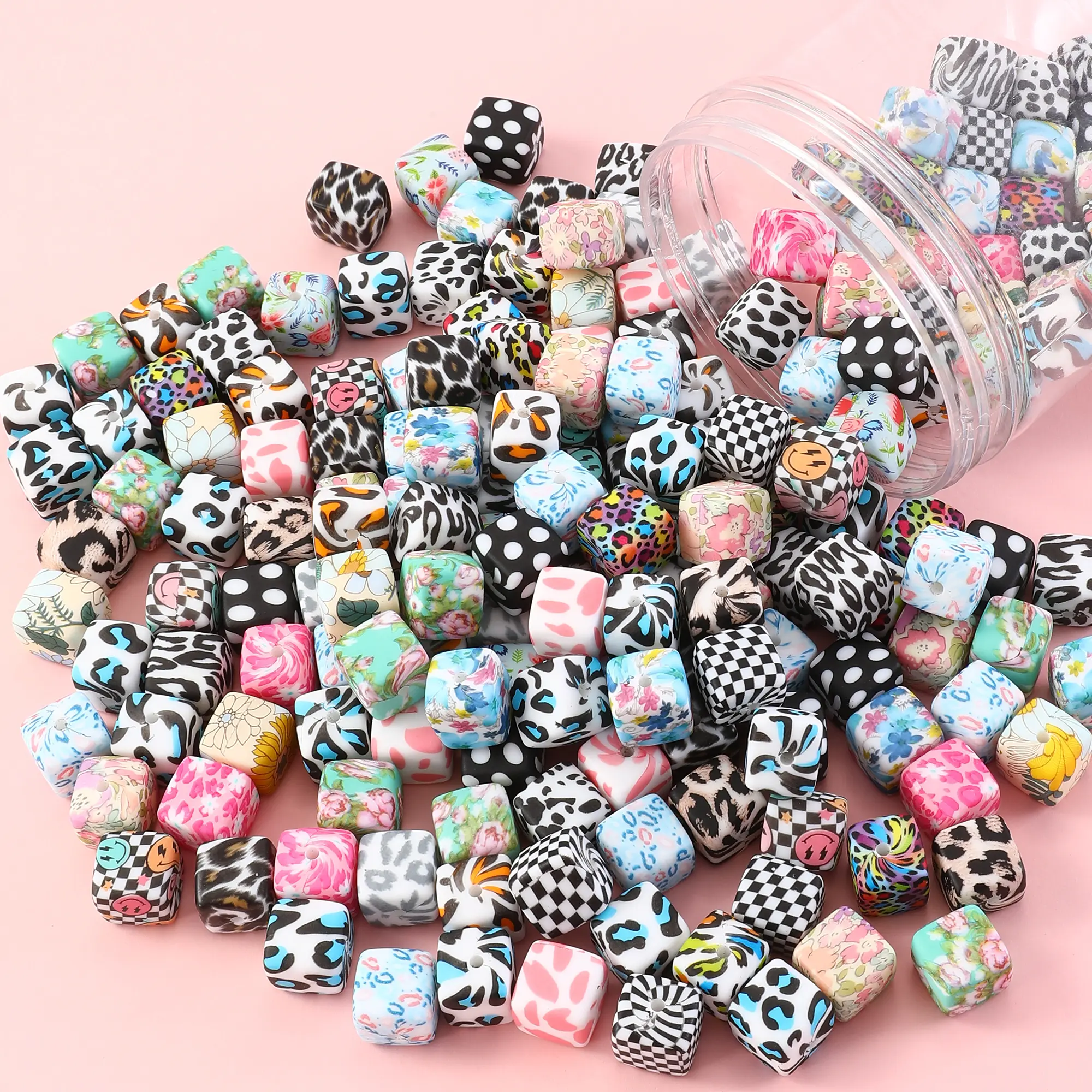 50-Set Random Water Transfer Printed 14mm Square Silicone Gel Beads - Jewelry Making Supplies, Arts and Crafts for DIY Projects, Wall Decorations for Anniversaries, Birthdays