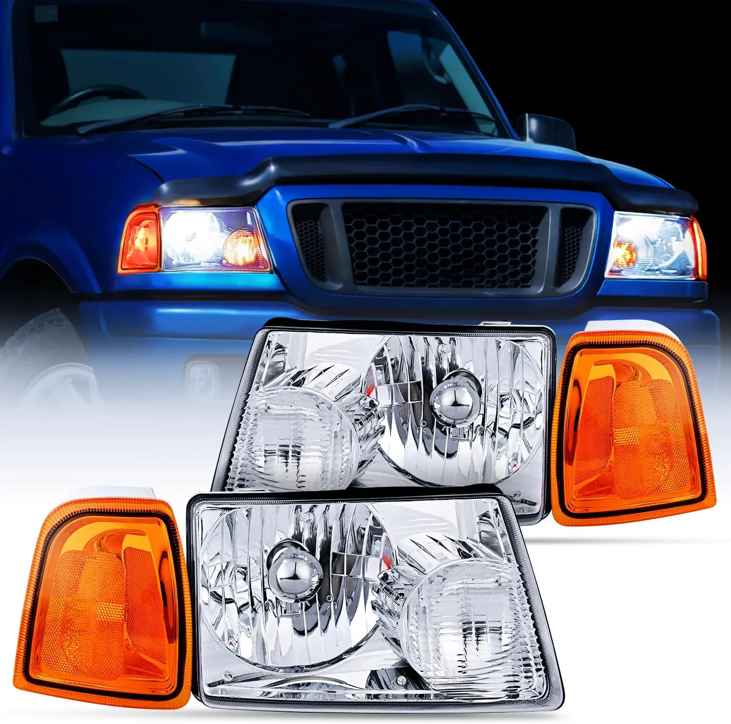 Nilight Automotive Beam Headlight Assembly for 2001-2011 Ford Ranger - Chrome Housing, Amber Reflector, Vehicle Replacement Light, Car Accessories, Car Exterior Upgrade, Car Light