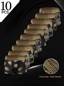 Men's Luxury Gold Briefs Set of 10, Fashion Trendy Printed Pattern, Comfortable Breathable, Casual Daily Wear, Sports, Underwear Boxers