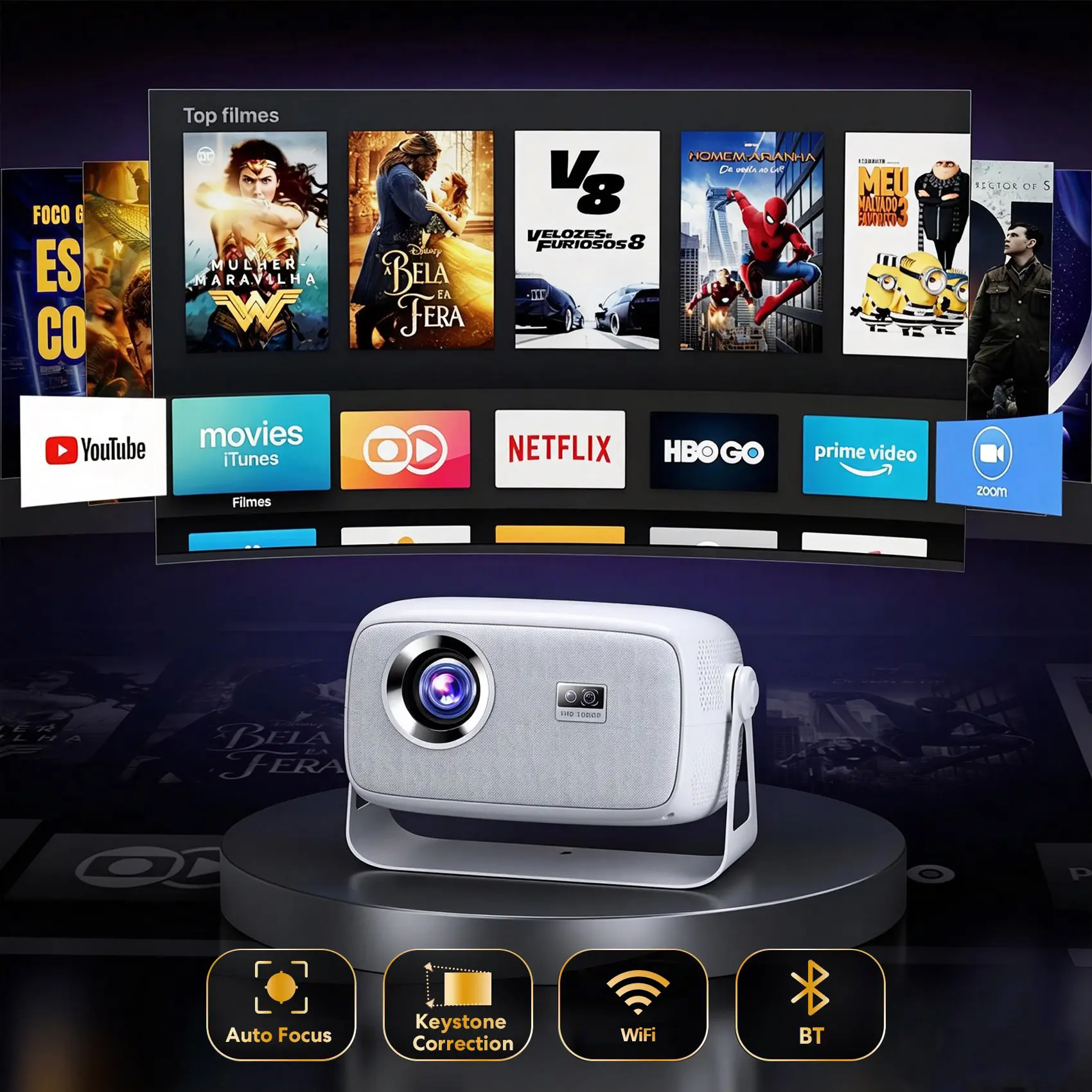 HLT X4 LED mini Projector -  Autofocus, Sharp Vivid Video Playback,  WiFi, Bluetooth, Built-in Audio Speaker, LCD, Remote Control, Mini Portable for Home Movie Night & Outdoor Cinema, Projector Movie Night