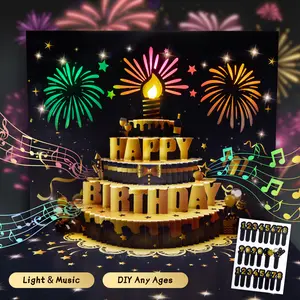 Birthday Pop-Up Card with 3D Cake & Fireworks, DIY Number 1-99, Musical Birthday Song, Black & Gold Design with Envelope, Special Gift Greeting Card