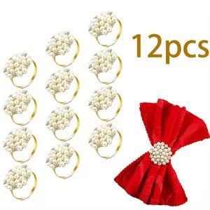 A Set of 12/18/20 Pcs Napkin Rings,Pearls and Flower Napkin Buckles,Rhinestone Bling Round Holders for Wedding,Dinner,Holiday,Banquet,Thanksgiving Day,Halloween Christmas Party Gifts,Hand Tools Kits