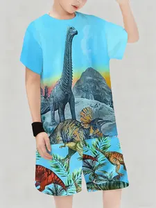 Boys' Dinosaur Print Short Sleeve T-Shirt & Shorts Set, Casual Summer Ready, Fun, Loose Fit, Cartoon Pattern, Kids Clothing