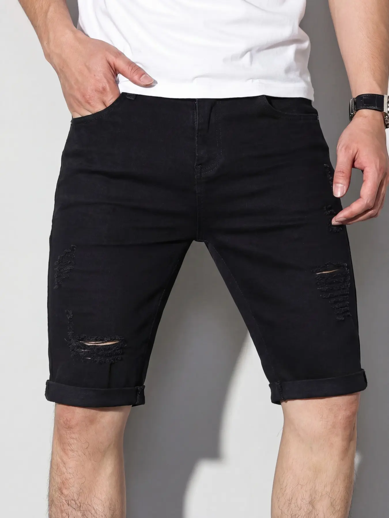 Men's Ripped Distressed Casual Pocket Zipper Casual Slim Shorts Fitted, Casual Summer Style, Lightweight Breathable Fabric, Comfortable for Outdoor Activities and Daily Wear