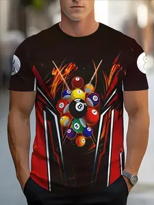 Men's Creative Patterned T-Shirt, Bold Graphic Billiard & Flame Print, Contrast, Casual Regular Fit, Sporty Style, Streetwear