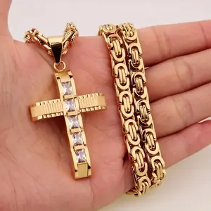 High-End European American Fashion Chunky Cross Necklace for Men, Zircon-Inlaid Titanium Steel Cross Pendant Jewelry, HipHop Style Bestseller